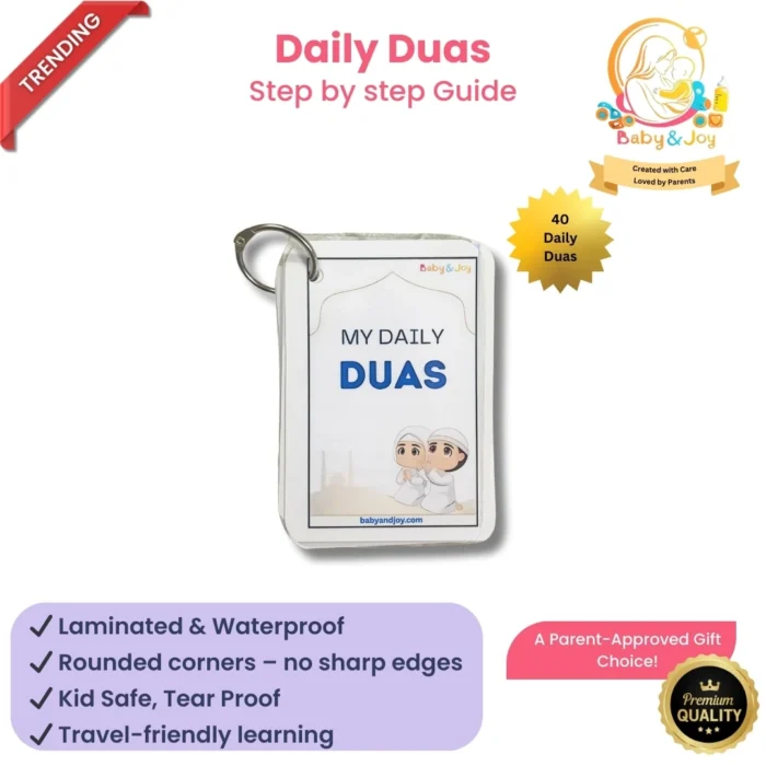 Happy Muslim child learning daily duas with flash cards, emphasizing parent-approved Islamic education.