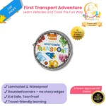 Open set of Baby & Joy's My First Transport Adventure flash cards showing multiple vibrant vehicle illustrations for toddler learning