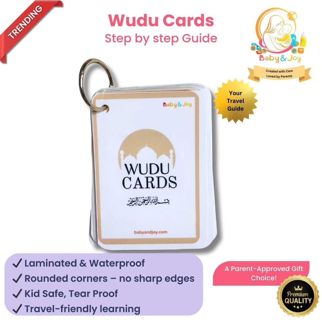 High-quality Wudu learning cards for Muslim kids with step-by-step illustrations, labeled as premium quality by Baby & Joy.