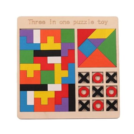 3-in-1 Wooden Puzzle Toy for Kids – Tangram, Tetris Block & Tic Tac Toe Game