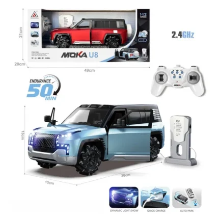 MOKA U8 Remote Control Electric SUV Car Toy with Rechargeable Battery & EV Charging Station – 1:12 Scale Realistic RC Car for Kids | Color as per stock