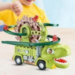 Dinosaur track racing toy with stair slide, lights and music for kids