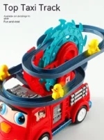 Interactive fire truck toy with duck slide and lights for kids indoor play