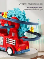 Interactive fire truck toy with duck slide and lights for kids indoor play